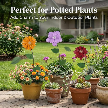 3 Pack Floral Garden Stake Decor, Glow in Dark Shaking Head Outdoor Plant Pick Water Proof Metal Flower Stick for Lawn Yard Patio Pathway Ornament
