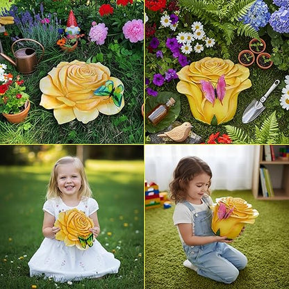 Garden Stepping Stones Outdoor Walkway – Resin Rose Flower Pavers for Path, Lawn & Backyard – Round Decorative Yard Art Decor, Friendship giveaways – Set of 2, Yellow