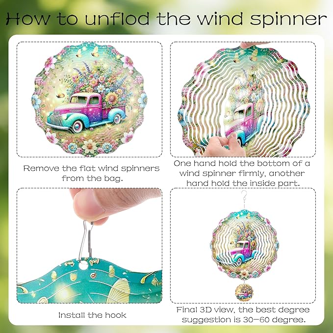 Hanging Wind Spinners Outdoor - 3D Metal Wind Spinner Truck Floral Stainless Steel Decor 12 Inch Kinetic Spinning Art Ornaments for Garden Patio Porch Indoor Home Birthday Gifts for Women Mom