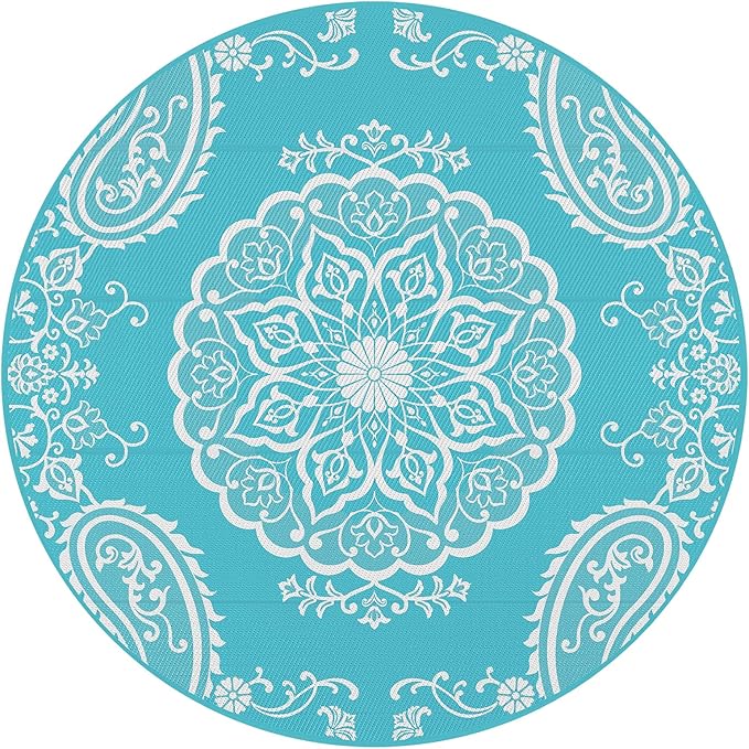 Pauwer Waterproof Outdoor Rug 8ft, Reversible Plastic Straw Patio Camping Rug, Indoor Outdoor RV Mat Carpet for Deck, Camper, Porch, Balcony, Backyard, Picnic, Boho Teal