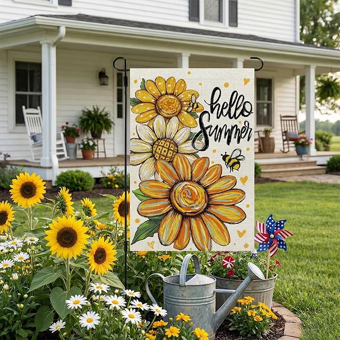 CROWNED BEAUTY Hello Summer Garden Flag Sunflowers 12x18 Inch Double Sided Small Floral Seasonal Holiday Decoration for Outside Yard