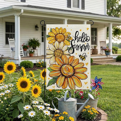 CROWNED BEAUTY Hello Summer Garden Flag Sunflowers 12x18 Inch Double Sided Small Floral Seasonal Holiday Decoration for Outside Yard