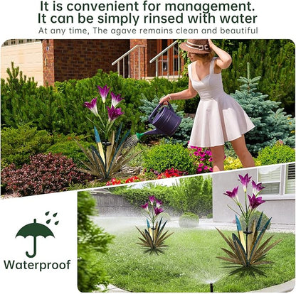 Homight Solar Metal Agave Lily Flower Garden Sculpture with LED Lights 30.3 Inch Waterproof Outdoor/Indoor Yard Decor Handmade Lawn Ornament Gift for Family Friends (3, Blue)