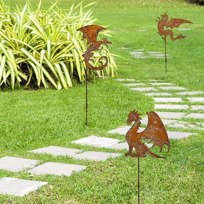 Rusty Fantasy Dragon Garden Stakes Decor, 24 Inch Metal Yard Art Decor, Decorative Garden Stakes Outdoor, Lawn Art Dragons Garden Decorations for outside, Ancient Dragons Garden Statue,Set of 3