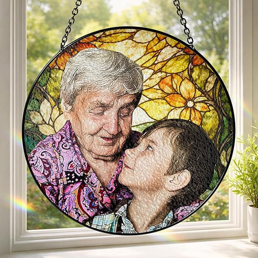 Personalized Grandma Stained Glass Suncatcher, Custom Stained Glass Window Hanging for Mom Picture, Customized Photo Gifts for Family Grandparents from Grandkids Grandchildren on Mothers Day Christmas