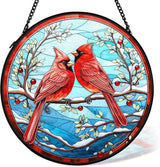 Cardinal Suncatcher Stained Glass Window Hanging Decor, Winter Christmas Cardinal Stained Glass Wall Decor, Christmas Bird Lawn Garden Sun Catchers Indoor Window Hanging Wall Art, 7.9x7.9In