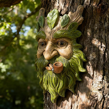 Teaeeno Whimsical Tree Face Garden Decoration, 11.8 in Tree Faces Decor Outdoor Wallmounted Statue Art with Leaf Features, Outdoor Decor Garden Accessory (Nature and Outdoors)