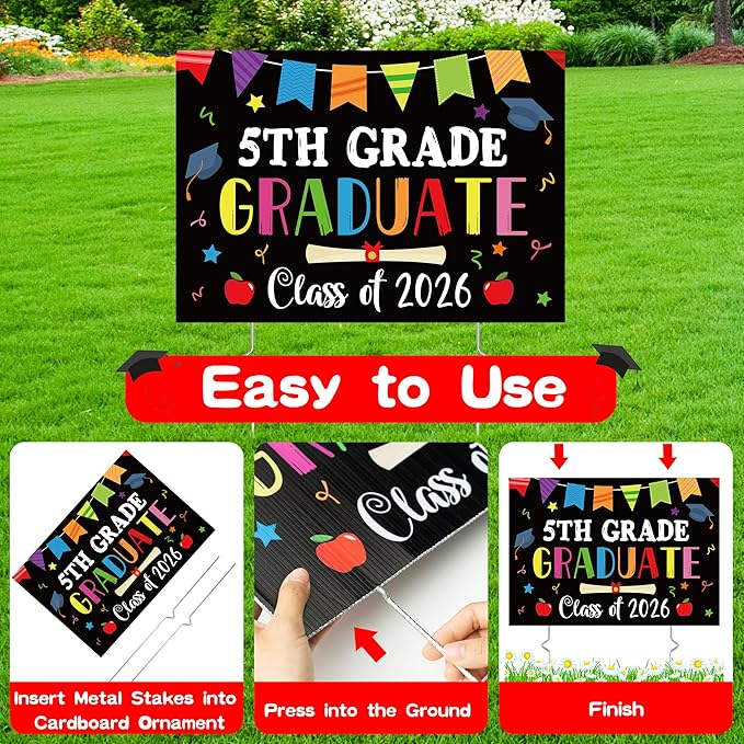 5th Grade Grad Yard Sign - Class of 2026 Fifth Grade Graduate Lawn Sign with Stake School Congrats Graduation Decors Colorful Waterproof Graduation Party Favors for Outdoor Garden Photo Booth Props