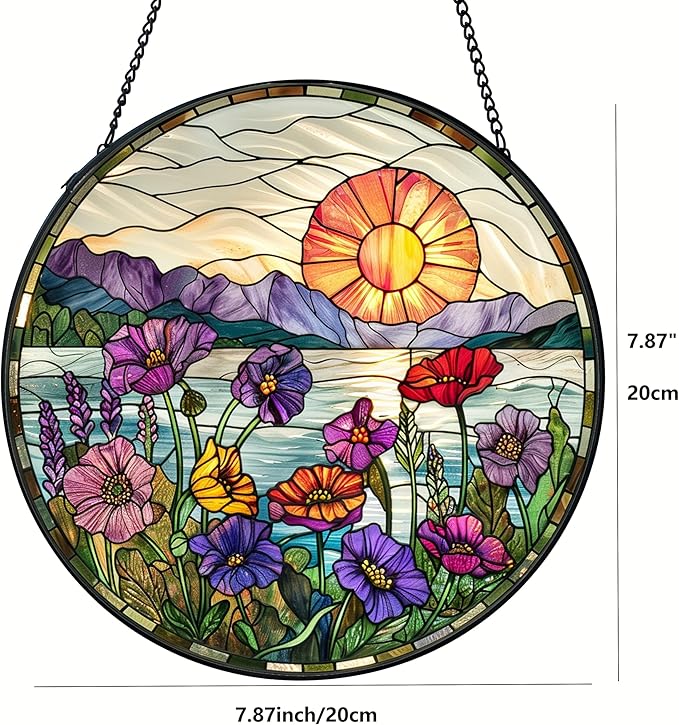 Wildflower Sun Catcher California Poppy Stained Glass Suncatchers 7.87 Inch Wildflower and Sun Stained Glass Ornament for Home Decor Indoor Wall Art for Women Mother Grandmother Friends