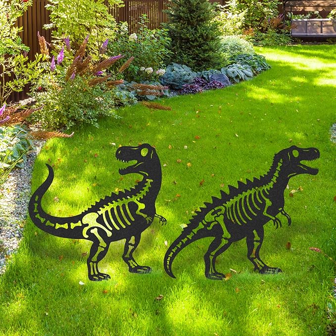 Dinosaur Decor Garden Stakes - 2 Pcs Metal Dinosaurs Statues Waterproof Yard Art Silhouette Decoration for Outside Patio Lawn Pathway Christmas New Year Ornaments Birthday Gifts for Adults