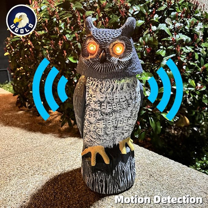 Solar Powered Garden Owl with Motion Detection, Rotating Head, Realistic Hoots and Silent Mode, Outdoor Statue and Sculpture, Owl Decoration for Home, Garden, Patio and Lawn