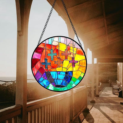 Stained Glass Window Hanging - Abstract Colorful Cross Sun Catcher for Door Terrace Garden Home Decor, Orange Red Suncatcher Birthday Gifts for Lovers Women Men Dad Mom Nana Nana 15 in