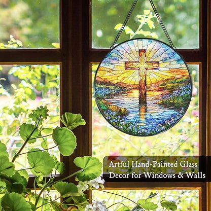 Cross Forget Me Not Stained Glass Window Hanging Suncatcher, Christian Flower Sunset Sun Catcher Indoor Window Decor Gifts, Religious Painted Glass Round Wall Hanging Decorations 7.8x7.8 in