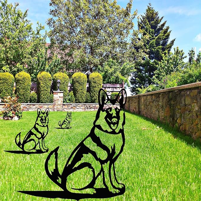 Adorable Dog Stake Decoration Yard Garden Outdoor Metal Art Dog Silhouette Decoration Steel Dogs Statue Adorable Ornament Gift (German Shepherd)