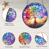 Stained Glass Window Hanging, Colorful Tree of Life Suncatcher 7.8 in Sun Catcher Boho Wall Art Decor with Chain Diamond Glass Panel Hangings Scenery Sun Catchers Decor for Lover Couple Mom