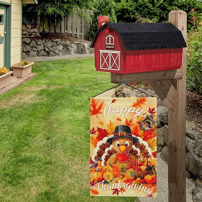 Thanksgiving Turkey Pumpkin Garden Flag Seasonal Double Sided 12 x 18 Inch Small Yard Flag for Indoor Outdoor Decor Holiday All Seasons