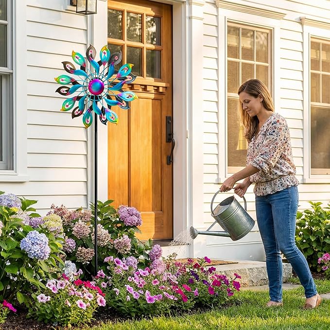 52'' Solar Wind Spinner Outdoor Metal - Kinetic Garden Wind Sculptures with Multi-Color Changing LED Glass Ball, Peacock Tail Design Yard Art Stake Decor for Patio, Lawn, Pathway Decoration