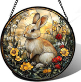 DASTOLL Stained Glass Window Hanging - Rabbit Flowers Suncatcher Ready to Hang Window Doors Home Decoration, Easter, Mother's Day Birthday Gifts for Women, Men, and Mom 14.9x14.9 in