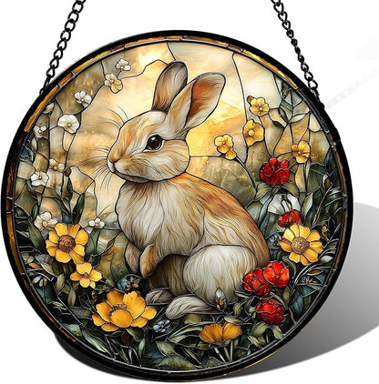 DASTOLL Stained Glass Window Hanging - Rabbit Flowers Suncatcher Ready to Hang Window Doors Home Decoration, Easter, Mother's Day Birthday Gifts for Women, Men, and Mom 14.9x14.9 in