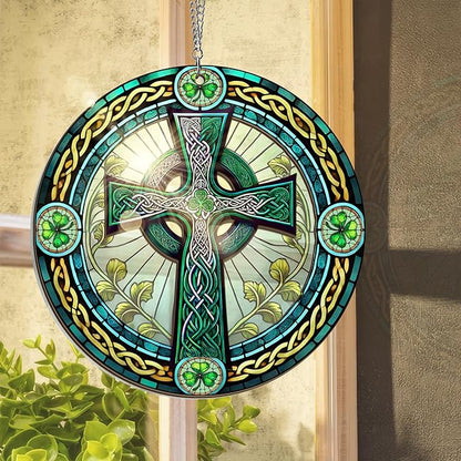 FLAGWIX St Patricks Day Decorations - Saint Patricks Day Decor, Double Layered Hanging Suncatcher 12 inch, Shamrock Celtic Cross for Home Window Garden - Irish Gifts for Men Women Friends Family