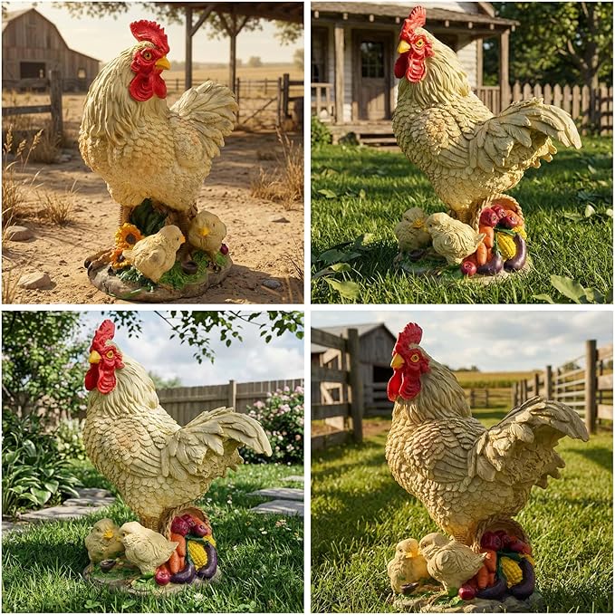 11.5" Chicken Bird Statue - Rustic Home Accents, Realistic Animal Sculptures, Resin Figurines, Yard Art, Funny Farm Sculpture, Garden Decor