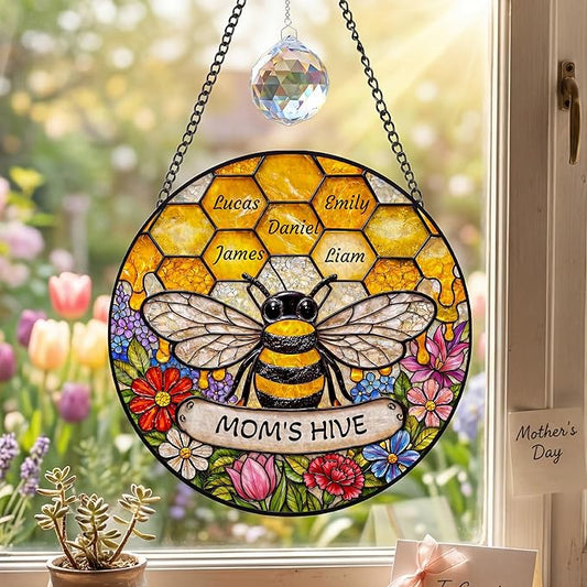 Personalized Mothers Day Stained Glass Gifts for Grandma, Custom Windows Hanging with Kids Name, Suncatcher Ornament Decor Mom Gift from Daugher