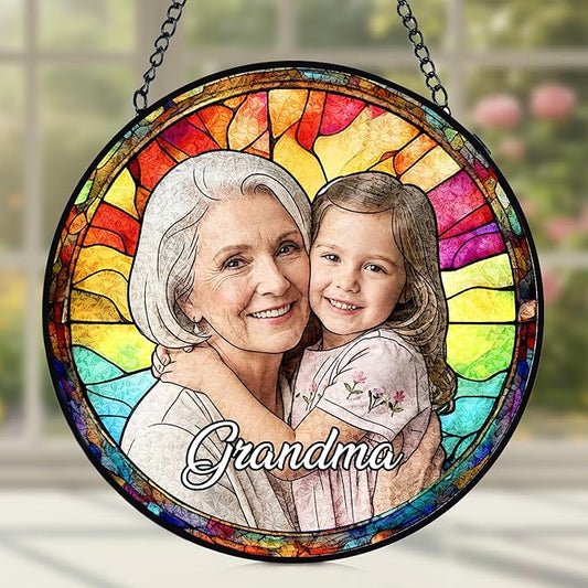 Personalized Grandma Stained Glass Windows Hanging, Family Picture Suncatcher Ornament, Custom Mothers Day Photo Gift from Grandkids, Birthday Grandparents Mom Gifts