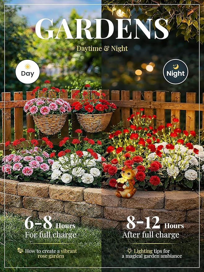 GIGALUMI Solar Lights Outdoor for Garden Decor, 4 Pack Solar Flower Lights Waterproof, 2 Lighting Modes 28 Carnations for Pathway,Yard, Patio Decoration, Gardening Gifts for Women (Red)