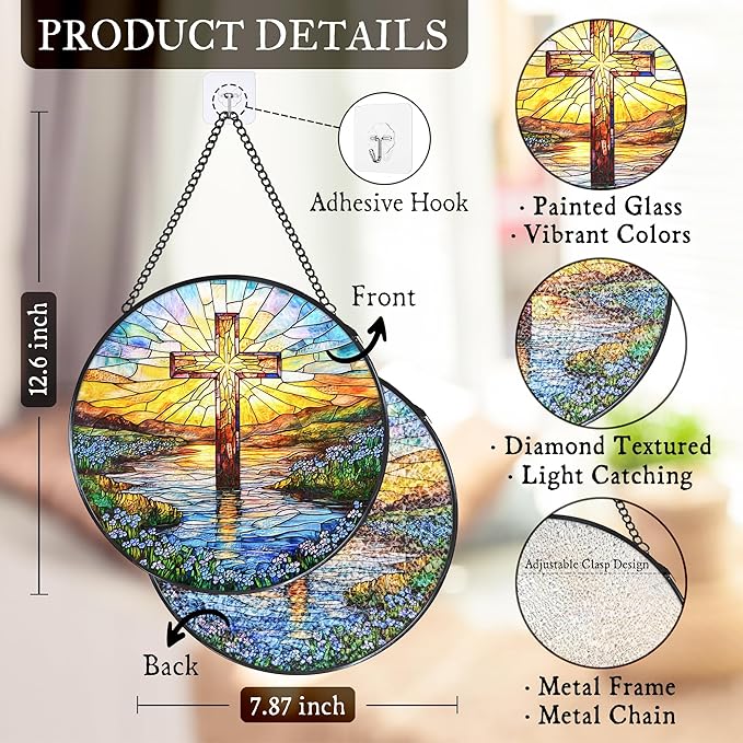Cross Forget Me Not Stained Glass Window Hanging Suncatcher, Christian Flower Sunset Sun Catcher Indoor Window Decor Gifts, Religious Painted Glass Round Wall Hanging Decorations 7.8x7.8 in