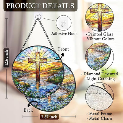 Cross Forget Me Not Stained Glass Window Hanging Suncatcher, Christian Flower Sunset Sun Catcher Indoor Window Decor Gifts, Religious Painted Glass Round Wall Hanging Decorations 7.8x7.8 in