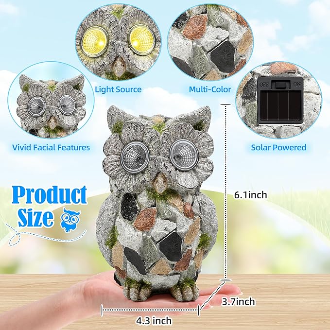 Garden Owl Statue Outdoor Decor with Solar Lights, Resin Owl Figurines for Patio Yard Porch Lawn Solar Owls Decorations Birthday Gift for Women Bird Lovers