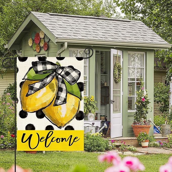 AVOIN colorlife Polka Dot Welcome Lemon Summer Garden Flag 12 x 18 Inch Double Sided Outside Yard Outdoor Decoration