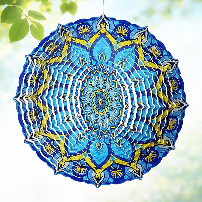 Hanging Wind Spinner 12 Inch, Mandala 3D Stainless Steel Wind Spinner, Garden Yard Patio Decor, Indoor Window Wall Art for Meditation, Mindfulness, Breathwork, Calming Gift