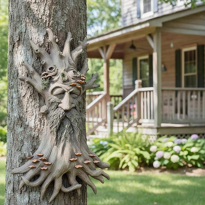 12" Real Tree Face Hugger Statue, Garden Trees Tree Huggers Decor with Mushroom Foliage Features, Outdoor Fairy Elve Accent Yard Art, Halloween Trees Decorations Outdoor Wall Mounted Statue