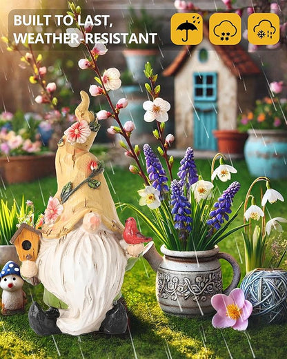 GoGnome Hand-Painted Resin Garden Gnome with Cardinal Figurine - 6.5" Summer and Spring Decorations for Home Decor and Yard - Gnome Gifts for All Ages (Yellow)