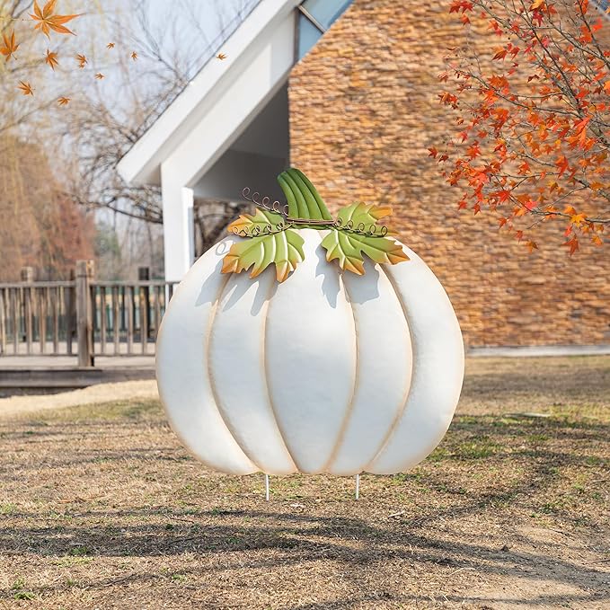 Glitzhome Oversized Ivory Pumpkin Yard Stake,39.5"H Metal Fall Pumpkins Garden Stake, Garden Standing Stakes or Hanging Pumpkin Signs for Autumn Harvest Thanksgiving Halloween Fall Outdoor Decorations