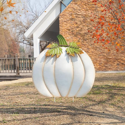 Glitzhome Oversized Ivory Pumpkin Yard Stake,39.5"H Metal Fall Pumpkins Garden Stake, Garden Standing Stakes or Hanging Pumpkin Signs for Autumn Harvest Thanksgiving Halloween Fall Outdoor Decorations