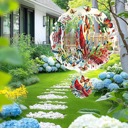 Cardinal Wind Spinner Outdoor, Bird Decor Gift for Men Women, Hanging Metal Wind Catcher with 3" Center Pendant, 12" 3D Stainless Steel Kinetic Art for Garden Yard