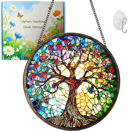 Tree of Life Suncatcher Stained Glass Suncatchers Stained Glass Ornament for Home Decor Indoor Wall Art Gift for Mother Women Friends (Tree of Life-F, M)