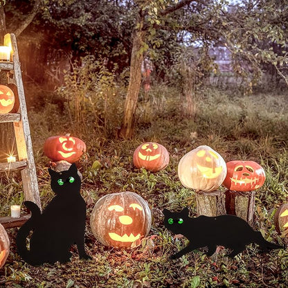 Pet Fit For Life Decorative Black Metal Cats for Outdoor Garden and Yard - Iron Silhouettes with Reflective Green Eyes - Set of 3 with Stakes and Hangers