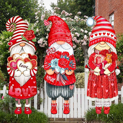 Umigy 3 Pcs Valentine's Day Yard Sign Gnome Outdoor Decorations with Stakes Valentine Red Heart Rose Gnome Lawn Sign Sweet Yard Decor Lawn Decor for Home Wedding Anniversary Pathway Walkway