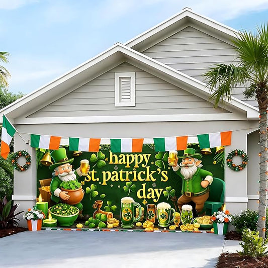 St Patrick’s Day Garage Door Banner 157.5x70.9in Large Garage Door Cover Outdoor Shamrock Leprechaun Decorations for House Exterior Party Decor with Grommets Rope