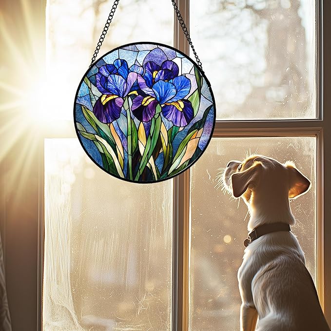 Stained Glass Window Hanging - Blue Purple Iris Flower Suncatcher for Door Garden Patio Sun Catchers Decor Christmas Mother's Day Birthday Gifts for Women Men Mom Nana Aunt Friend 6.3 in