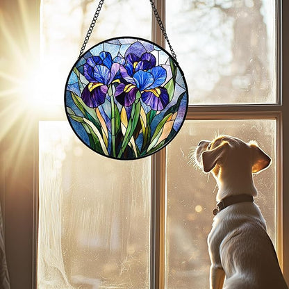 Stained Glass Window Hanging - Blue Purple Iris Flower Suncatcher for Door Garden Patio Sun Catchers Decor Christmas Mother's Day Birthday Gifts for Women Men Mom Nana Aunt Friend 9.8 in