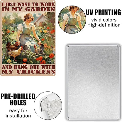 Funny Chicken Signs I Just Want To Work In My Garden Outdoor And Hang Out With My Chickens Tin Sign for Home Farm Chicken Coop Farmhouse Kicthen Garden Decor 8 X 12 Inch