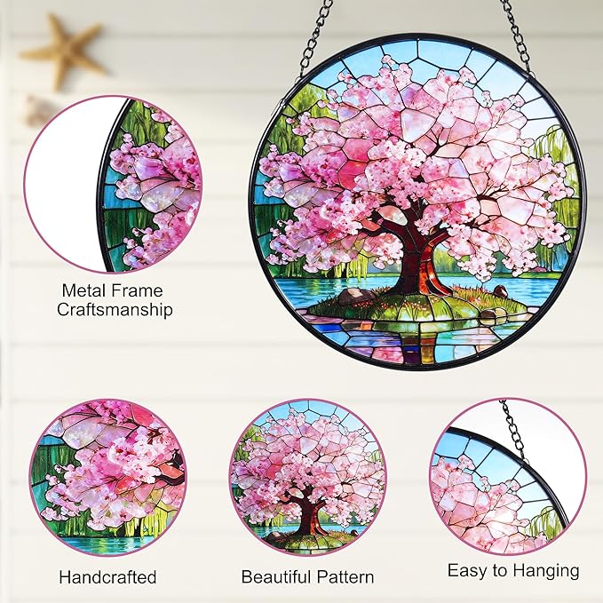 Stained Glass Window Hanging, Pink Cherry Blossom Tree Suncatcher 7.8 in Sun Catcher Boho Wall Art Decor with Chain Diamond Glass Panel Hangings Scenery Sun Catchers Decor for Lover Couple Mom
