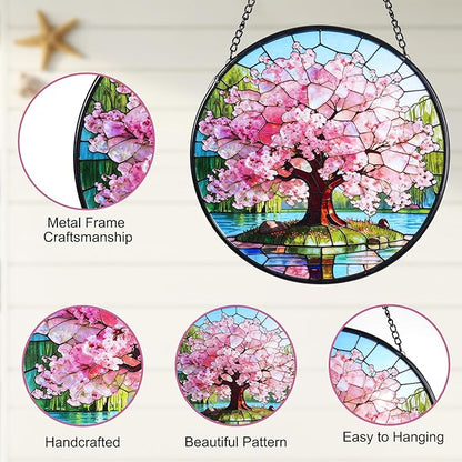 Stained Glass Window Hanging, Pink Cherry Blossom Tree Suncatcher 7.8 in Sun Catcher Boho Wall Art Decor with Chain Diamond Glass Panel Hangings Scenery Sun Catchers Decor for Lover Couple Mom