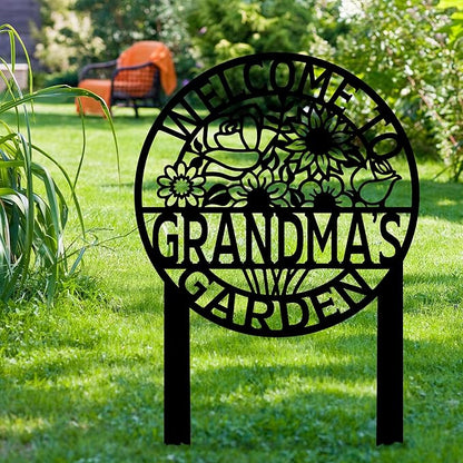 Personalized Flowers Metal Garden Sign with Stake, Front Yard Welcome Decorative, Custom Home Garden Decor, Customized Metal Yard Sign, Farmhouse Gardening Backyard Decor, Outside Art, Gift for Mom