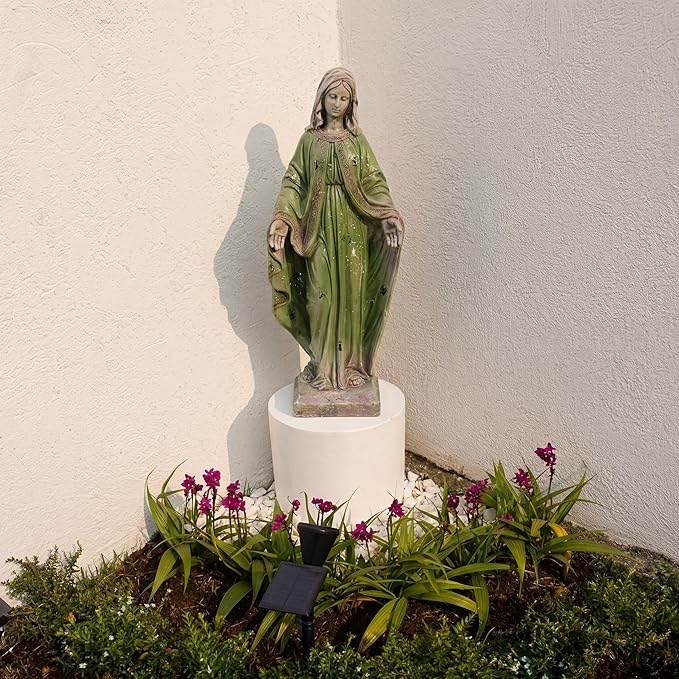 Virgin Mary Statue, 31.1'' H Outdoor Statue Garden Decor Mother Mary Statue for Patio Yard Home Hallway Entryway Magnesium Oxide Stone Large Outdoor/Indoor Decor Sculptures Gray Green