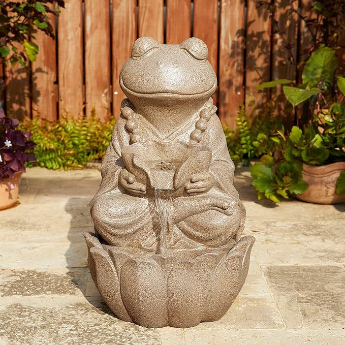 Glitzhome Outdoor Frog Statues Garden Decorations 22" H, Zen-Style Meditative Frog Sculpture Water Fountains LED Floor Standing Fountain Outside Frog Statue with Birdbath for Backyard Decking Decor